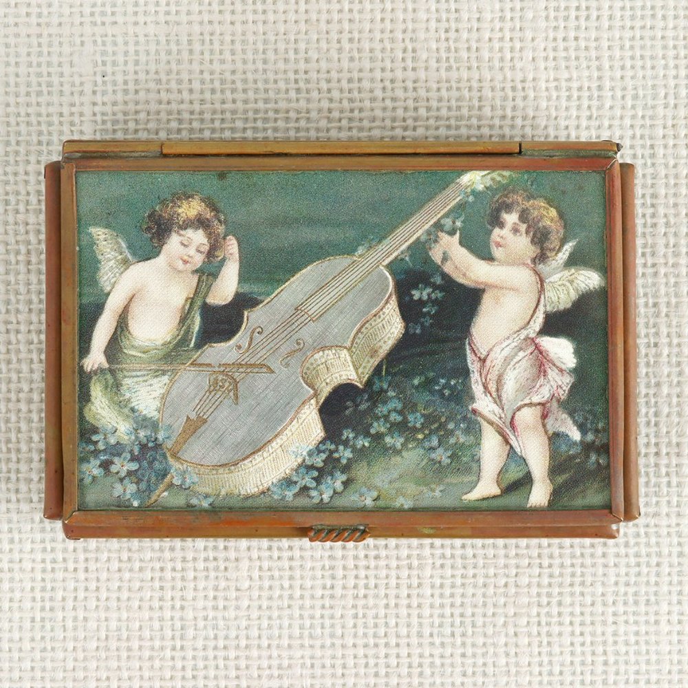 Vintage Cupid Angel Glass Brass Jewelry Trinket Box